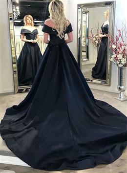 Picture of Simple Black Color Satin Off Shoulder Long Evening Dresses, Black Color Charming Junior Prom Dresses Formal Dresses